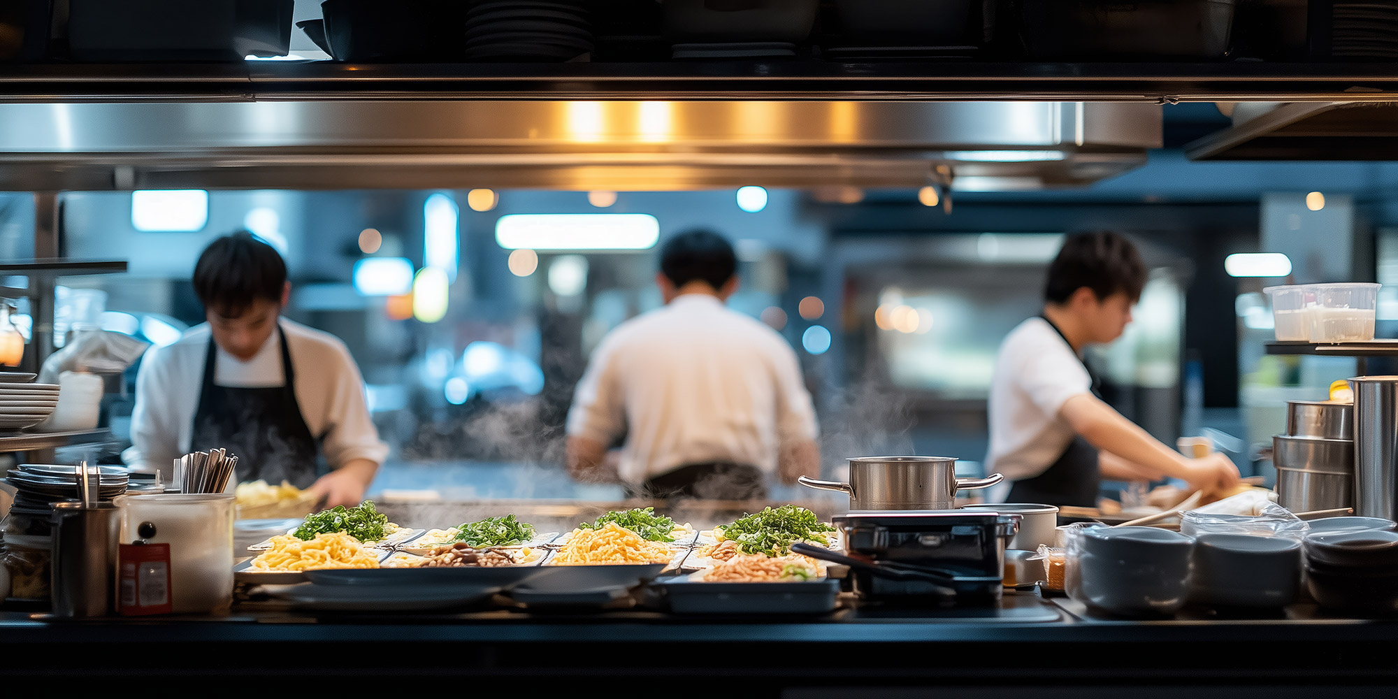 people working in restaurant kitchen