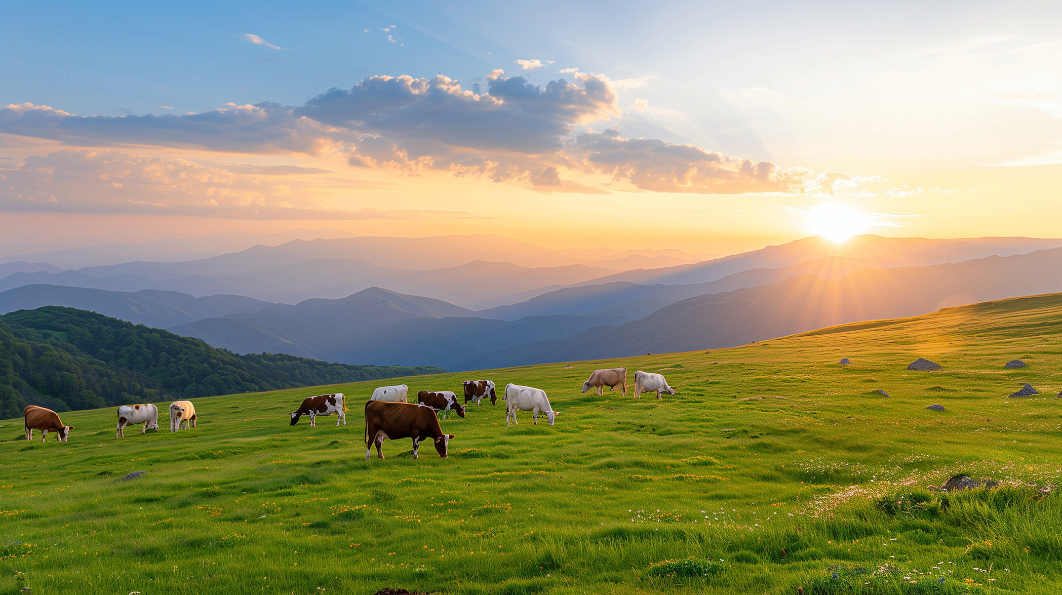 cows grazing on hill at sunset